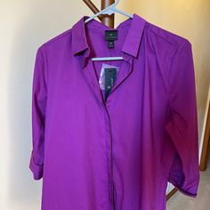 3/4 Sleeve Button Down Blouse Size Medium New With Tags Never Worn Excellent Condition Non-Smoking Home Casual Purple Blouse 3/4 Sleeve, Casual Purple Blouse With 3/4 Sleeves, Spring Purple Half-sleeve Blouse, Spring Purple Half Sleeve Blouse, Spring Collared Purple Shirt, Spring Purple Collared Shirt, Collared Purple Shirt For Spring, Purple Collared Shirt For Spring, Purple 3/4 Sleeve Blouse For Spring