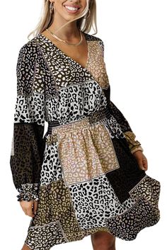 Leopard Color Block Surplice V Neck Mini Dress Brown Patchwork V-neck Dress, Spring V-neck Patchwork Mini Dress, Chic Fall Patchwork Dresses, Chic Patchwork Dress For Fall, Fall Chic Patchwork Dress, Chic Patchwork Spring Dresses, Chic Spring Patchwork Dress, Casual V-neck Patchwork Mini Dress, Chic Patchwork Midi Dress For Fall