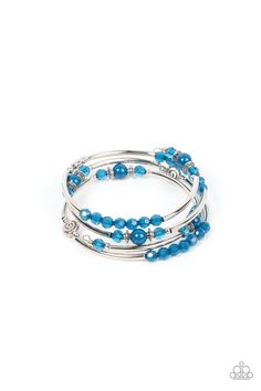 Infused with dainty silver beads, cylindrical silver rods, and swirly silver accents, a mismatched collection of Mykonos Blue crystal-like and acrylic beads are threaded along a wire that coils around the wrist for a versatile pop of color.

 Sold as one individual bracelet. Mykonos Blue, Coil Bracelet, Brass Bracelet, Toggle Bracelet, Paparazzi Accessories, Blue Jewelry, Paparazzi Jewelry, Blue Bracelet, Silver Accents