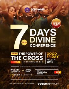 the poster for 7 days divine conference, with an image of people raising their hands