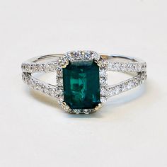 14K White Gold Diamond and Gem Emerald by JewelryWanderlust, $13950.00 Dazzling Emerald Diamond Ring With Brilliant Cut, Dazzling Green Diamond Ring With Brilliant Cut, Emerald Cluster Ring With Brilliant Cut, Dazzling Green Diamond Ring, Luxury Green Diamond Ring With Halo Setting, Luxury Emerald-cut Emerald Ring With Halo Design, Luxury Emerald Cut Emerald Ring With Halo Design, Fine Jewelry Green Radiant Cut Diamond Ring, Green Radiant Cut Diamond Ring Fine Jewelry