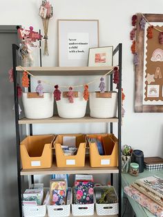 a shelf filled with baskets and other items