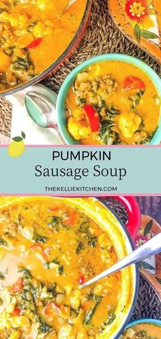 pumpkin sausage soup with spinach and red peppers