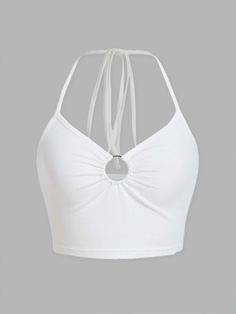 White Casual Collar  Knitted Fabric Plain Halter Embellished Slight Stretch Summer Women Tops, Blouses & Tee Teen Spring Outfits, Tie Backless Halter Top, White Halter Crop Top, White Tank Top Women