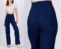 "Vintage 70s navy blue high waist straight leg trousers. Measurements and Condition: Fits like: Extra small Fabric: Feels like polyester, has a little bit of stretch Brand: Unknown Condition: Very good, with light general wear Waist: 23.5\" to 24.5\" Hips: 33\" to 34\" - taken at the bottom of the zipper opening Rise: 12\" Inseam: 31.5\" Shown on a 5'5\" model with measurements of 32\"-21\"-32\", usually wears size petite extra small. See our FAQ for more info on sizing and condition ratings." High Waist Pants, Straight Leg Trousers, Waist Pants, High Waisted Pants, Vintage 70s, Trousers Women, Harem Pants, High Waist, Straight Leg