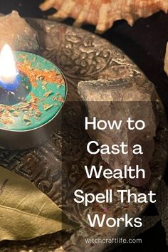 a candle sitting on top of a metal tray next to rocks and sea shells with text overlay reading how to cast a health spell that works