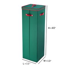 a tall green box with red trimmings on the bottom and sides, measurements for each