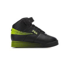 Synthetic leather upper with padded collar and fabric lining, Lace-up closure and adjustable Velcro strap for a secure fit, Classic round toe, Smooth fabric lined insole, Supportive foam midsole, Durable rubber outsole, Embroidered Fila® branding details | Boys' Fila Toddler Vulc 13 Halftone High-Top Sneakers in Black/LimePunch Size 6 - Toddler Leather High-top Sneakers For Training, Scratch-resistant Synthetic High-top Sneakers, Adjustable Sneakers For Sports, Adjustable Sneakers With Elastic Laces For Sports, Scratch-resistant Leather Lace-up Sneakers, Adjustable Synthetic Sneakers For Sports, High-top Leather Sneakers For School, Scratch-resistant Synthetic High-top Sneakers For Streetwear, Adjustable Black Sneakers With Round Toe