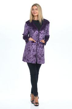 Elevate your style with this eggplant stretch velvet cardigan for women. The perfect addition to any outfit, it features a princess silhouette, one dainty hook and eye closure, and convenient pockets. This luxurious cardigan adds a touch of glam to your everyday denim looks, as well as fancy affairs like parties and the beach. Made with 90% Polyester and 10% Spandex, with a trim of 1 small hook and eye. Bonus: no inner lining needed! Elegant Purple Winter Cardigan, Elegant Purple Fall Cardigan, Purple Outerwear For Evening In Fall, Fitted Purple Evening Outerwear, Purple Fitted Cardigan For Fall, Fitted Purple Cardigan For Fall, Denim Looks, Velvet Cardigan, Princess Silhouette