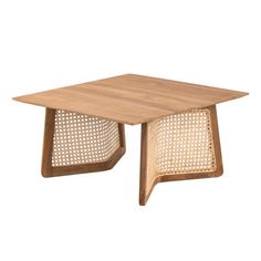 a wooden table with wicker seats on it's sides and an open end