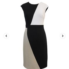 Sandra Darren Dress. New Modern White Dress For Office, Modern White Office Dress, Elegant Black And White Knee-length Dress, Modern White Knee-length Dress, Elegant Fitted Black And White Midi Dress, Elegant Sleeveless Black And White Midi Dress, Chic Black And White Knee-length Midi Dress, Chic Black And White Workwear Dresses, Chic Black And White Dresses For Work