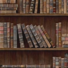 an old book shelf filled with lots of brown and red books on top of wooden shelves