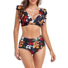 Get ready to make a splash this summer with our women's high-waisted bikini set! Keep in mind that our sizes run smaller than average, so we recommend sizing up for the best fit. Made from a blend of 82% Polyester and 18% Spandex, this swimsuit is designed to be smooth, stretchy, durable, and quick-drying for ultimate comfort and style. The ruffle two-piece bathing suit features a v-neck with ruffles to accentuate your body curves, while the u-back design offers moderate coverage. With removable Beachwear Swimwear With High Waist And Ruffles, High Waist Ruffled Beachwear Swimwear, High Waist Ruffled Swimwear, Ruffled High Waist Beachwear, High Waist Ruffled Swimwear For Vacation, Ruffled High Waist Swimwear For Vacation, Vacation Ruffled High Waist Swimwear, High Waist Ruffled Vacation Swimwear, Ruffled High Waist Swimwear