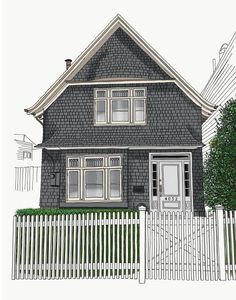 a drawing of a house with a white picket fence