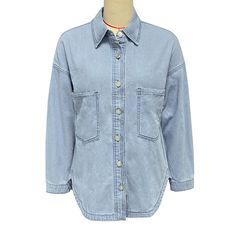 Women's Denim Shirt Lapel Long Sleeve Big Front Pocket Denim Shirt Casual Washed Blue Collared Denim Top, Medium Wash Collared Denim Top, Light Wash Button-up Shirt With Pockets, Casual Medium Wash Collared Denim Top, Spring Light Wash Collared Denim Top, Light Wash Denim Collared Shirt, Casual Light Wash Collared Denim Jacket, Dark Wash Denim Tops With Pockets, Washed Blue Denim Button-up Shirt