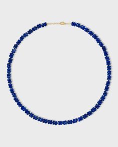 A rich blue of Lapis Lazuli crystal hand strung in New York City with 14 karat gold hardware and chain. Lapis 14 Karat Gold 16 to 17.5 inches Handmade in NYC Luxury Yellow Gold Jewelry With Faceted Beads, Formal Blue Faceted Necklaces, Formal Blue Faceted Necklace, Sapphire Colored Lapis Lazuli Single Strand Necklace, Sapphire Single Strand Necklace In Lapis Lazuli, Sapphire Color Lapis Lazuli Necklace, Sapphire Lapis Lazuli Jewelry With Faceted Details, Elegant Lapis Lazuli Necklace With Faceted Beads, Luxury Blue Rondelle Jewelry