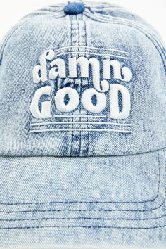 Denim material Baseball cap design Mid-profile crown Six-panel cap "Damn Good" patch Trendy Denim Snapback Baseball Cap, Denim Snapback Baseball Cap For Streetwear, Denim Blue Baseball Cap For Streetwear, Denim Baseball Cap For Streetwear, Denim Snapback Trucker Hat, Medium Wash Denim Baseball Cap, Denim Dad Cap, Denim Cap For Streetwear, Trendy Denim Hat With Curved Bill