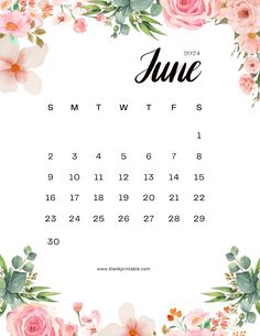 the june calendar with pink flowers and greenery