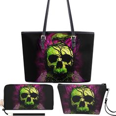 Skull cosmetic wallet, flame skull shoulder bag, flame skull cosmetic bag, skeleton purse, flaming skull long wallet, flaming skull bag with shoulder strap, skeleton tote bag, flame skull messenger bag, rose skull tote bag, biker skull wall Women's Tote Bag: Size: Length (44cm/17.3in)  x Width (15cm/5.9in) x Height (28cm/11in) The leather fabric is noble and atmospheric, and the large-capacity handbag can be carried diagonally on one shoulder or directly by hand, and can be carried in various wa Black Skull-shaped Bag With Skull Print, Black Skull Bag For Halloween, Black Skull-shaped Bag For Halloween, Gothic Skull Bag For Everyday Use, Gothic Black Shoulder Bag With Skull Print, Black Skull Print Bag For Halloween, Black Halloween Bag With Skull Print, Black Halloween Bags With Skull Print, Gothic Skull-shaped Bag With Skull Print