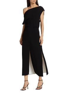 Proenza Schouler Off-the-shoulder Crepe Midi-dress - Black | Editorialist Leather Midi Dress, Cfda Awards, Black Drapes, Drape Sleeves, Strapless Midi Dress, Womens Cocktail Dresses, Bateau Neckline, Satin Midi Dress, Straight Skirt