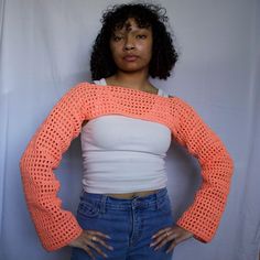 Crochet Bolero Shrug, Handmade Sleeves Sweater Pullover For Women Spring Summer Shawl Trendy Crochet Mesh Sleeves Top These crochet mesh shrug bolero sleeves are handmade from acrylic yarn. It is perfect for spring, the mesh stitch allows the sleeves to be breathable yet surprisingly warm, great for breezy spring days! It fits a size small-large adult. Please don't hesitate to message me if you have any questions or want this in a different size or color! I will happily do custom orders at no ad One Size Long Sleeve Crochet Top For Spring, Orange Knitted Long Sleeve Tops, Fitted Long Sleeve Open Knit Crop Top, Orange Long Sleeve Knitted Tops, Trendy Crochet Tops For Winter, Fitted Cotton Crochet Top For Fall, One Size Long Sleeve Crochet Top For Fall, Fall Long Sleeve Crochet Top, Fitted Crochet Tops For Fall