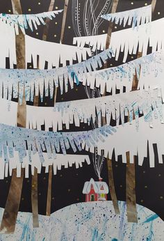 an art project with paper cut out of trees and snow on the ground, in front of a black background