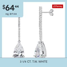 Features: Quick ShipEarring Back: PostSetting: ProngStone Cut: PearMetal Color: WhiteEarring Length: 1 1/2 InchEarring Width: 8.6mmRounded Carat Weight: 3 1/4 Ct. T.w.Care: Wipe CleanStone Type: 1 Cubic ZirconiaEarrings Style: Drop EarringsMetal: Sterling SilverCountry of Origin: Imported Fine Jewelry Linear Earrings With Prong Setting In White, White Prong Setting Linear Earrings Fine Jewelry, White Linear Earrings With Prong Setting, White Cubic Zirconia Linear Earrings With Prong Setting, White Brilliant Cut Drop Earrings, Classic White Cubic Zirconia Linear Earrings, White Cubic Zirconia Teardrop Earrings In Fine Jewelry Style, White Cubic Zirconia Dangle Earrings, White Cubic Zirconia Teardrop Earrings With Prong Setting