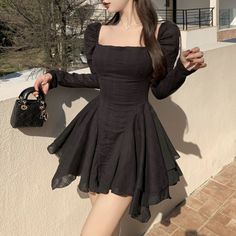 Waist Defining Dress, Black Square Neck Dress With Ruffles, Black One Piece Outfit, One Piece Dress Knee Length, Korean Fashion 2023, Black One Piece Dress, Fashion 2023 Spring, Long Sleeve Dress Casual, Sleeve Dress Casual