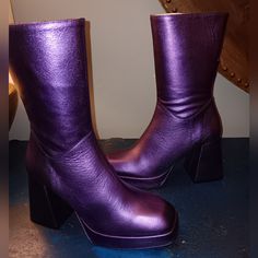 Metallic Purple Leather Ankle Boots Party Platform Boots In Faux Leather Medium Width, Party Platform Boots In Faux Leather, Party Platform Boots With Stacked Heel In Faux Leather, Party Leather Platform Boots With Closed Toe, Party Leather Platform Boots With Stacked Heel, Party Platform Boots With Stacked Heel And Square Toe, Evening Platform Boots With Round Toe In Faux Leather, Faux Leather Platform Boots With Round Toe For Evening, Faux Leather Round Toe Platform Boots For Evening