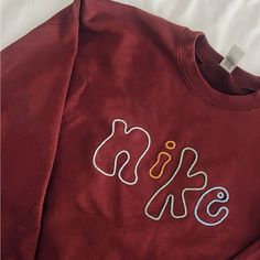 Brand New! Hand Done By Me. Gildan Sweatshirt. Hand Embroidered Sweatshirt Nike, Sweatshirt Design Ideas Creative, Hand Embroidery Christmas Sweatshirt, Crew Neck Sweatshirt Design, Hand Embroidery Crewneck, Embroidery Designs Crewneck, Red College Sweatshirt With Embroidered Logo, Red Letter Embroidery Sweatshirt For Streetwear, Red Sporty Sweatshirt With Letter Embroidery