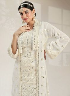 Shop Designer Outfits - HATKAY Fitted White Nehru Jacket With Mirror Work, Festive White Nehru Jacket With Mirror Work, Front Open Georgette Choli With Resham Embroidery, Front Open Resham Embroidered Georgette Choli, Bohemian Long Sleeve Georgette Sets, Eid Georgette Front Open Dupatta, Eid Front Open Georgette Dupatta, Traditional Front Open Choli With Intricate Embroidery, Traditional White Nehru Jacket With Mirror Work