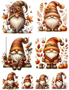 four different gnomes with autumn decorations on their heads and hands, all in various poses