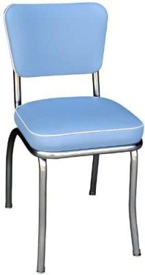 a blue plastic chair with metal legs and a seat cushion on the backrest, against a white background