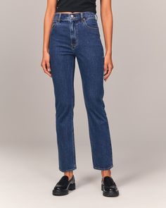 Women's Ultra High Rise Ankle Straight Jean | Women's Bottoms | Abercrombie.com Ankle Straight Jeans, Low Rise Baggy Jeans, Active Swimwear, High Rise Denim Jeans, Ankle Length Jeans, Abercrombie And Fitch Jeans, Denim Details, High Rise Denim, Dark Wash Denim