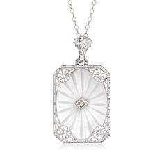 Ross-Simons - C. 1950 Vintage 8.50ct Rock Crystal Filigree Pendant Necklace, Diamond Accent. 16.5". C. 1950. Presented by our Estate collection, this alluring Retro-era pendant necklace will enhance the elegance of any formal ensemble. A translucent 8.50 carat rectangular rock crystal acts as the backdrop to fanciful filigree detailing and a sparkling diamond accent. Crafted in 14kt white gold. Suspends from a cable chain. Springring clasp, rock crystal filigree pendant necklace. Exclusive, one- Pendant Necklace Diamond, Filigree Pendant Necklace, Necklace With Diamond, Retro Era, Antique Jewelry Necklace, 1950 Vintage, Filigree Pendant, Fine Jewelery, Sparkling Diamond