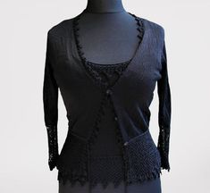 "Black knitted crochet top vintage jacket cardigan blouse 2 pieces women gift for her Size 14/42 Condition - vintage good Viskose Crochet and knitting Measurements: Jacket shoulders- 41 cm (16.14\") Jacket Bust - 49 cm *2 (19.3\" * 2) Jacket length - 57 cm (22.4\") Top bust- 46 cm *2 (18.11\" * 2) Top length - 60 cm (23.6\") Label: Dorothy Perkins Thank you for visit my retro shop :)" Fitted Crochet Lace Top For Layering, Fitted Bohemian Sweater For Layering, Bohemian Layering Sweater, Fitted Elegant Cardigan With Crochet Lace, Fitted Crochet Lace Cardigan For Fall, Elegant Crochet Top Fitted For Layering, Fitted Crochet Top For Layering, Elegant Crochet Knit Top, Vintage Fitted Open Knit Crochet Top