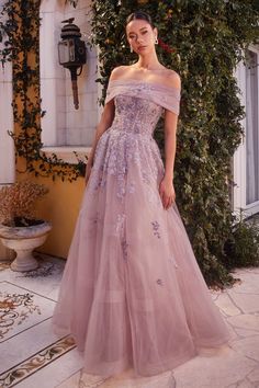 This Andrea And Leo -A1348 Floral Off Shoulder Ball Gown is the perfect combination of elegance and femininity. With a stunning off-shoulder design and a beautiful floral print, this ball gown will make you stand out at any special occasion. Made with high-quality materials, it will ensure a comfortable and flattering fit all night long. Don't miss out on this exquisite piece. Whimsical Dress Formal, Ball Gown Dresses Elegant, Boat Neck Prom Dress, Whimsical Prom Dress, Bridesmaid Dresses Tulle, Long Ball Dresses, Floor Length Evening Dress, Bridal Things, Andrea And Leo