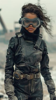 a woman with goggles and a leather outfit