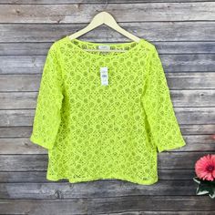 Beautiful Amd Unique Electric Yellow Lace 3/3 Sleeve Top. Great Addition To Summer Wardrobe. Green Half Sleeve Tops For The Beach, Green Half Sleeve Tops For Spring, Green Half-sleeve Blouse For Spring, Green Half Sleeve Blouse For Spring, Green Fitted Top With 3/4 Sleeves, Green Stretch Top With 3/4 Sleeves, Yellow Lace, Neon Yellow, Summer Wardrobe