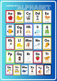 an alphabet poster with pictures of different letters and numbers on the bottom half of it