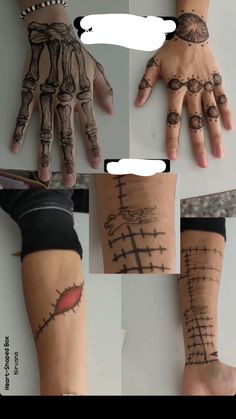 four different pictures of hands with tattoos on them