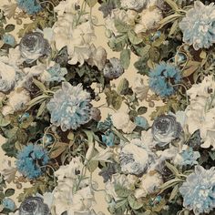 a floral wallpaper with blue and white flowers