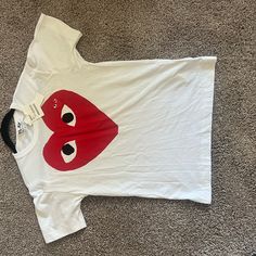 Size Small, Cdg Play Shirt Summer White Shirt With Heart Graphic, Casual White Tops With Heart Graphic, Casual White Top With Heart Graphic, White Shirt With Heart Graphic For Spring, Casual Red Shirt With Heart Graphic, White Crew Neck Shirt With Heart Graphic, White Short Sleeve Shirt With Heart Graphic, Comme Des Garcons Play Shirt, Camo Heart