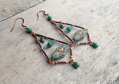 Bohemian Turquoise Chandelier Earrings For Festivals, Bohemian Wire Wrapped Adjustable Chandelier Earrings, Bohemian Adjustable Wire Wrapped Chandelier Earrings, Bohemian Beaded Copper Earrings, Bohemian Turquoise Earrings For Festival, Bohemian Turquoise Drop Beaded Earrings, Bohemian Turquoise Beaded Drop Earrings, Bohemian Wire Wrapped Earrings For Jewelry Making, Elegant Handmade Copper Chandelier Earrings