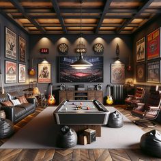 a living room filled with furniture and a pool table in front of a tv mounted on the wall