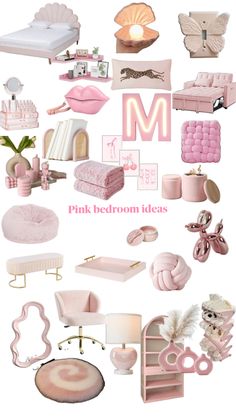 pink bedroom decor and accessories are arranged in the shape of an m, with text above it