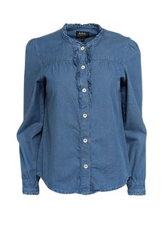 A.P.C.'s indigo chambray shirt is a delightful mix of charm and comfort. Made from soft stonewashed Italian cotton twill, it features playful ruffles and gathering for a feminine touch. This timeless and versatile closet essential can be paired with anything from white jeans to floral skirts. Size 6 (EU 40) 100% Cotton Front button Crewneck collar Button closure at front Single-button barrel cuffs Shirttail hem Mother-of-pearl hardware Bust 38.5" Waist 40" Shoulder to hem 24" Sleeve length 23.5" Closet Essentials, Chambray Shirt, Ruffle Trim, Chambray, Floral Skirt, Cotton Twill, White Jeans, Shirts Tops, Sleeve Length