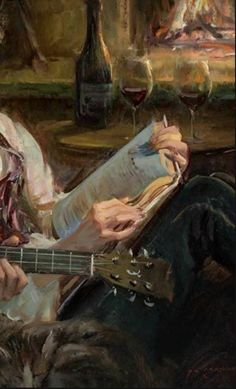 a painting of a man sitting on a couch with a guitar and wine glass in front of him