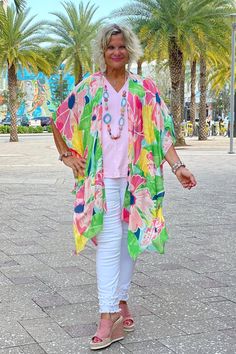 CHARLOTTE KIMONO – Cathys Place Casual White Spring Kimono, Casual White Kimono For Spring, Casual White Floral Print Kimono, Trendy Multicolor Spring Kimono, Casual V-neck Kimono For Brunch, Chic Green Spring Kimono, Chic Green Kimono For Spring, White V-neck Kimono For Spring, Chic Spring Kimono For Brunch