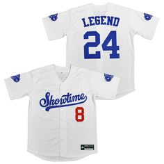 Showtime Legend #8 #24 Baseball Jersey White Baseball Jersey With Team Name For Game Day, Game Day White Baseball Jersey With Team Name, Varsity Baseball Jersey With Team Logo, White Jersey With Baseball Collar For Game Day, White College Jersey With Team Logo, College White Jersey With Team Logo, White College Jersey With Letter Print, College White Jersey With Letter Print, White Baseball Jersey With Team Logo For College